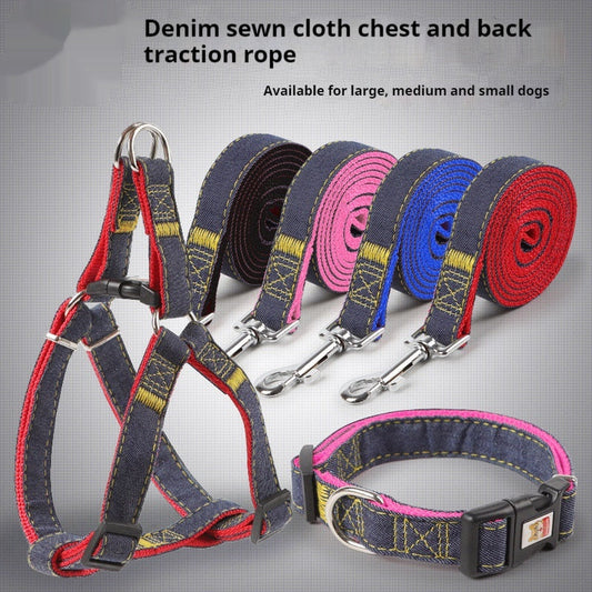 KFX-7489085 Red, Blue, Pink, or Black Dog Leash Set for Front & Back Traction - Denim Material - Includes Collar