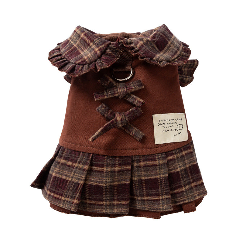 KFX-7623229 Fleece-Lined Brown Plaid Pet Sweater Dress with Ruffle Trim for Dogs and Cats
