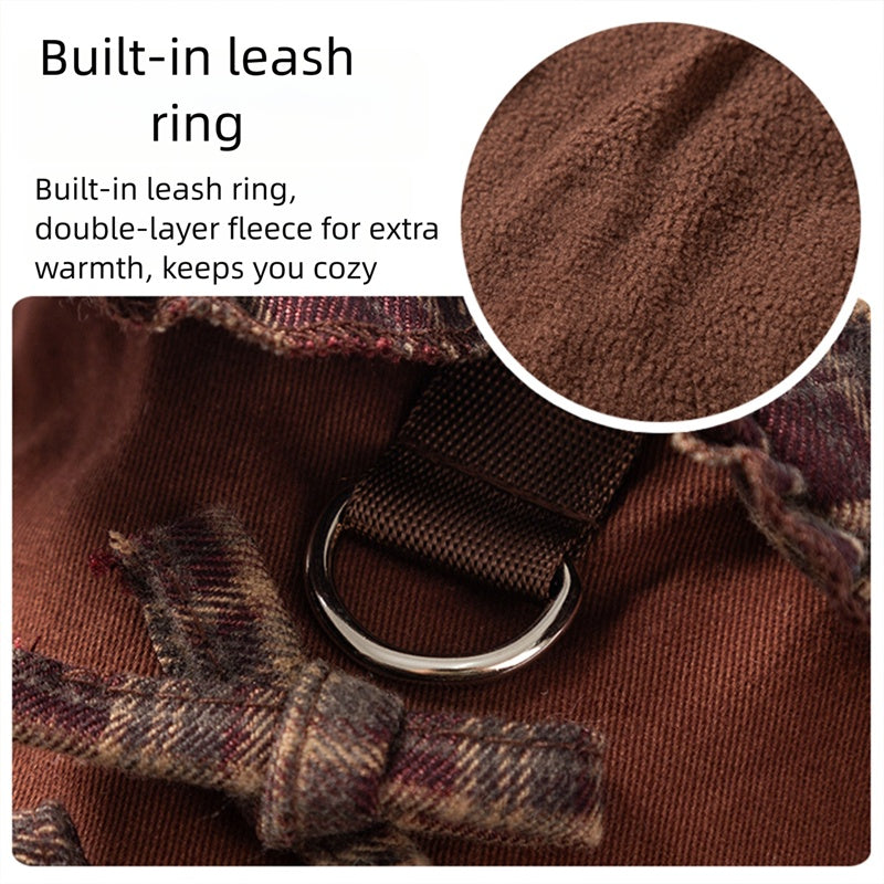 KFX-7623229 Fleece-Lined Brown Plaid Pet Sweater Dress with Ruffle Trim for Dogs and Cats