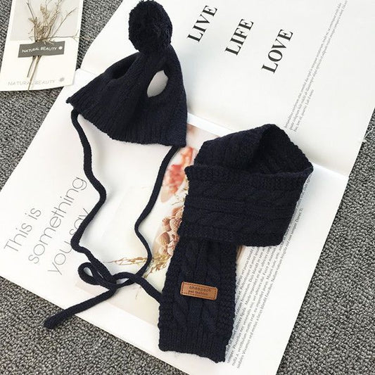 KFX-7657789 Cozy Wool Dog Hat Scarf Set for Autumn and Winter in Red and Navy Blue