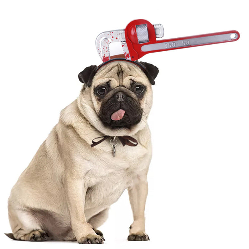 KFX-7667773 Pet Halloween Headdress Hat with Fun Props - Axe, Scissors, Saw, Syringe, Hammer, Wrench, Wine Bottle, Pliers, Sizes S & M