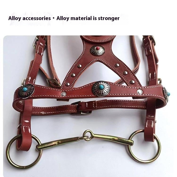 KFX-7915069 Elegant Pure Cowhide Horse Halter with Metal Buckle and Reins in Red and Black