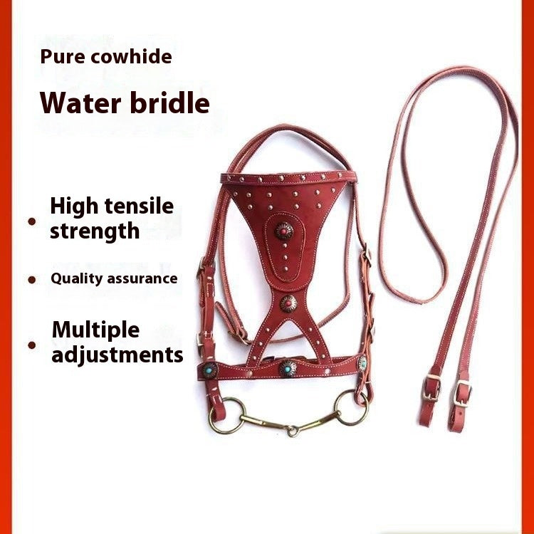 KFX-7915069 Elegant Pure Cowhide Horse Halter with Metal Buckle and Reins in Red and Black