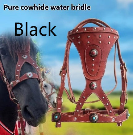 KFX-7915069 Elegant Pure Cowhide Horse Halter with Metal Buckle and Reins in Red and Black