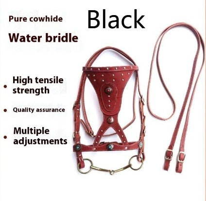 KFX-7915069 Elegant Pure Cowhide Horse Halter with Metal Buckle and Reins in Red and Black