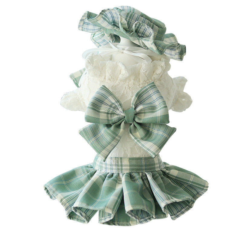 KFX-7932477 Lace Plaid Dress for Dogs and Cats with Big Bow and Pleated Design in Green and Purple