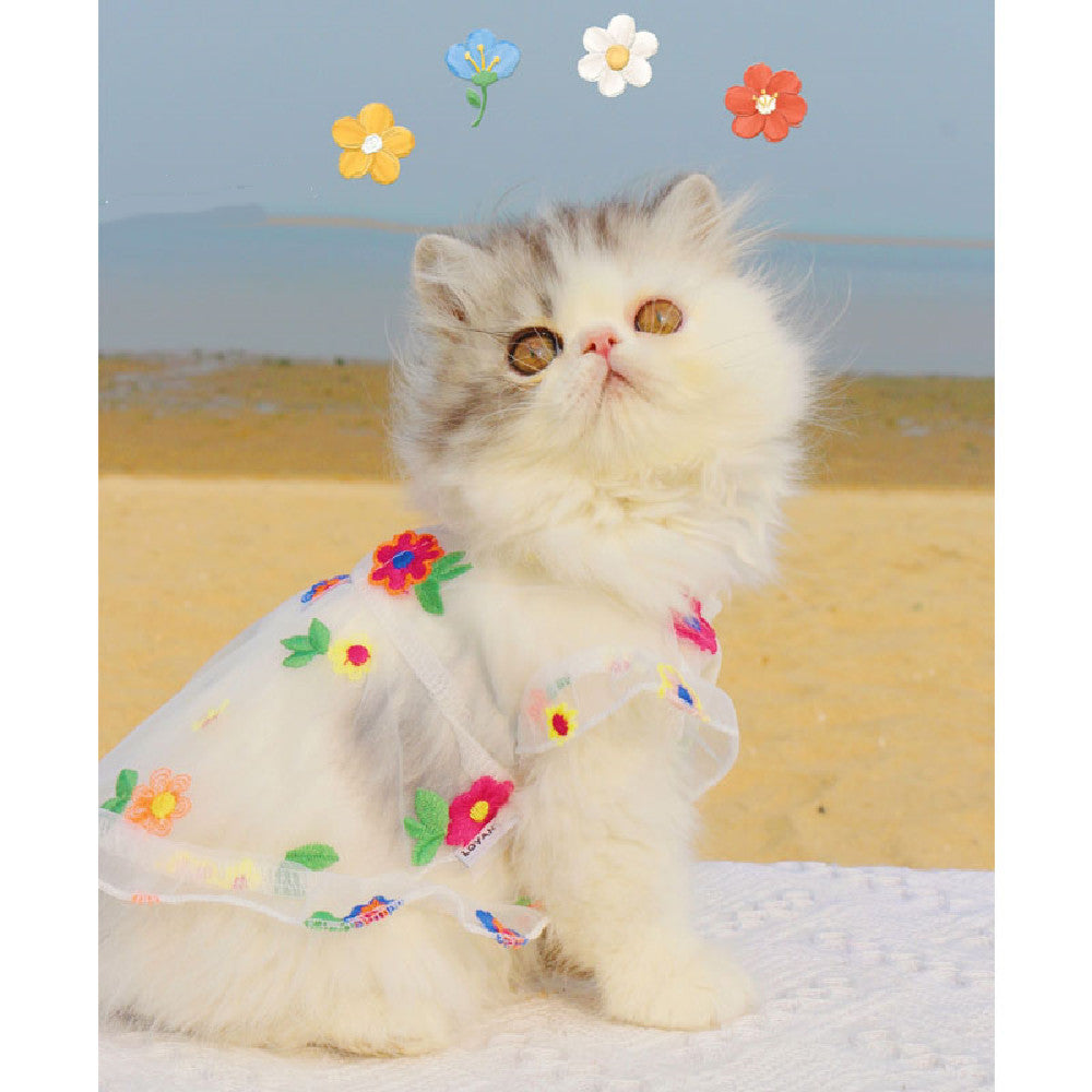KFX-8030781 Flower Embroidery Dress for Cats with Hand-Woven Straw Hats