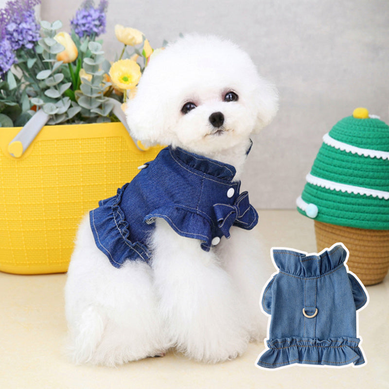 KFX-8115645 Denim Ruffle Vest for Pets - Stylish Dog & Cat Harness Dress with Leash Hook in Blue