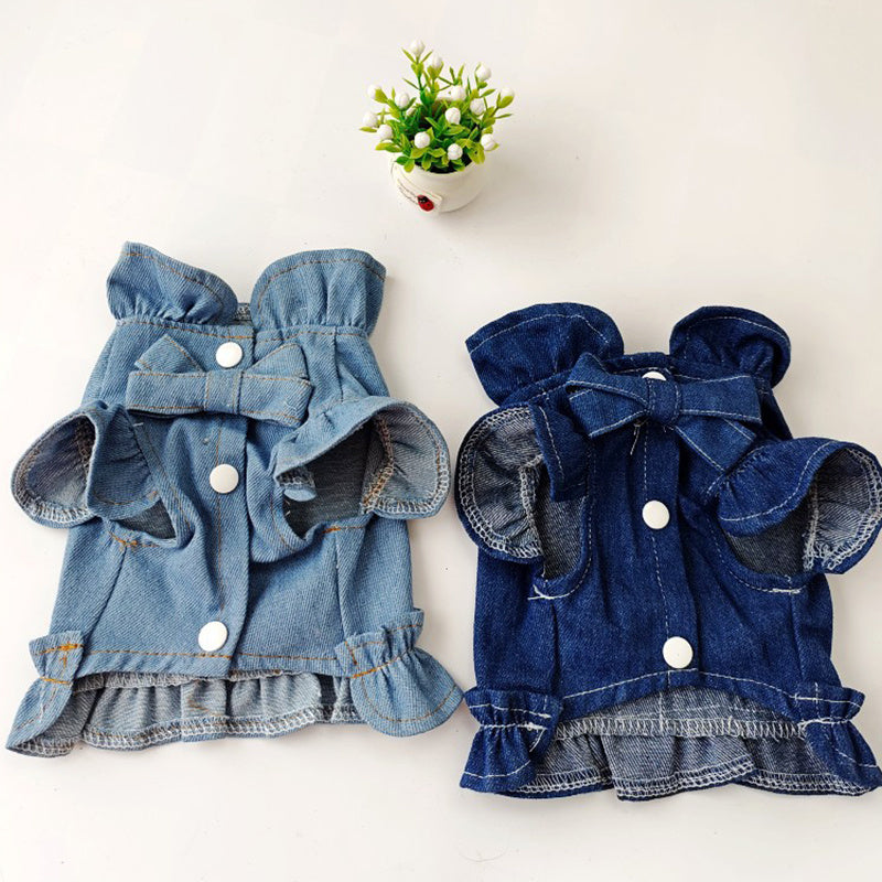 KFX-8115645 Denim Ruffle Vest for Pets - Stylish Dog & Cat Harness Dress with Leash Hook in Blue