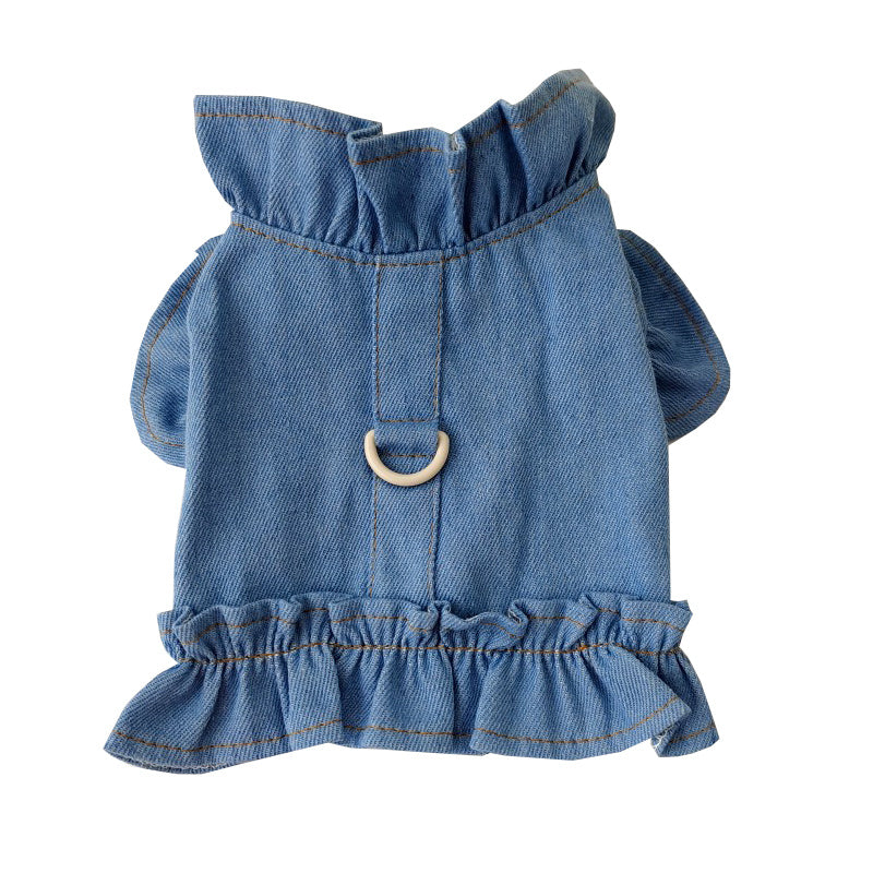 KFX-8115645 Denim Ruffle Vest for Pets - Stylish Dog & Cat Harness Dress with Leash Hook in Blue