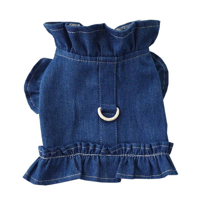 KFX-8115645 Denim Ruffle Vest for Pets - Stylish Dog & Cat Harness Dress with Leash Hook in Blue