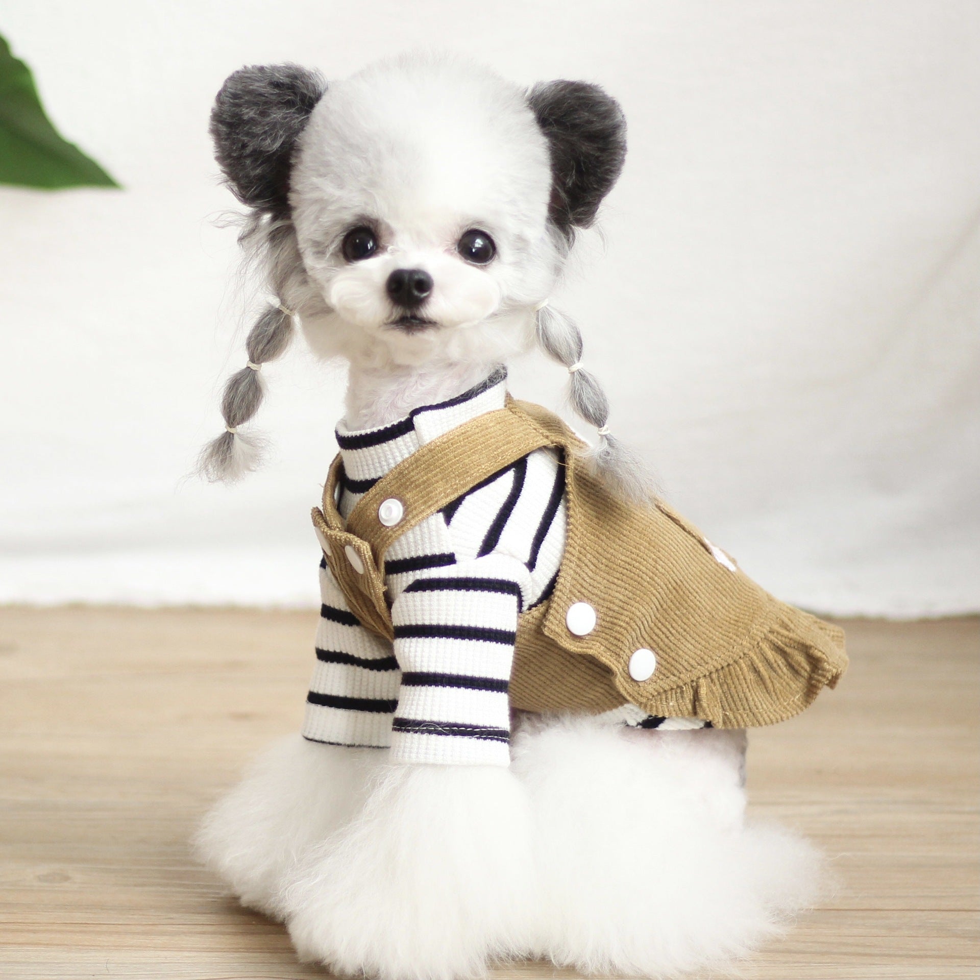 KFX-8227389 Cartoon Suspender Skirt Dress for Small Dogs, Cotton Fabric, Brown and White Options, Sizes XXS to XL