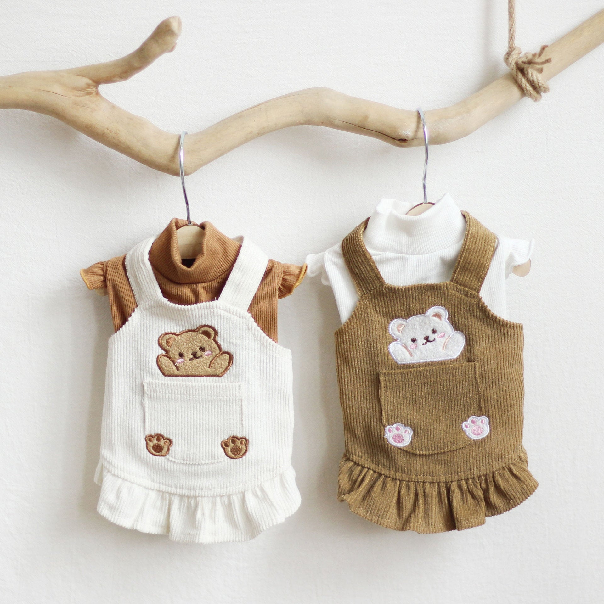 KFX-8227389 Cartoon Suspender Skirt Dress for Small Dogs, Cotton Fabric, Brown and White Options, Sizes XXS to XL