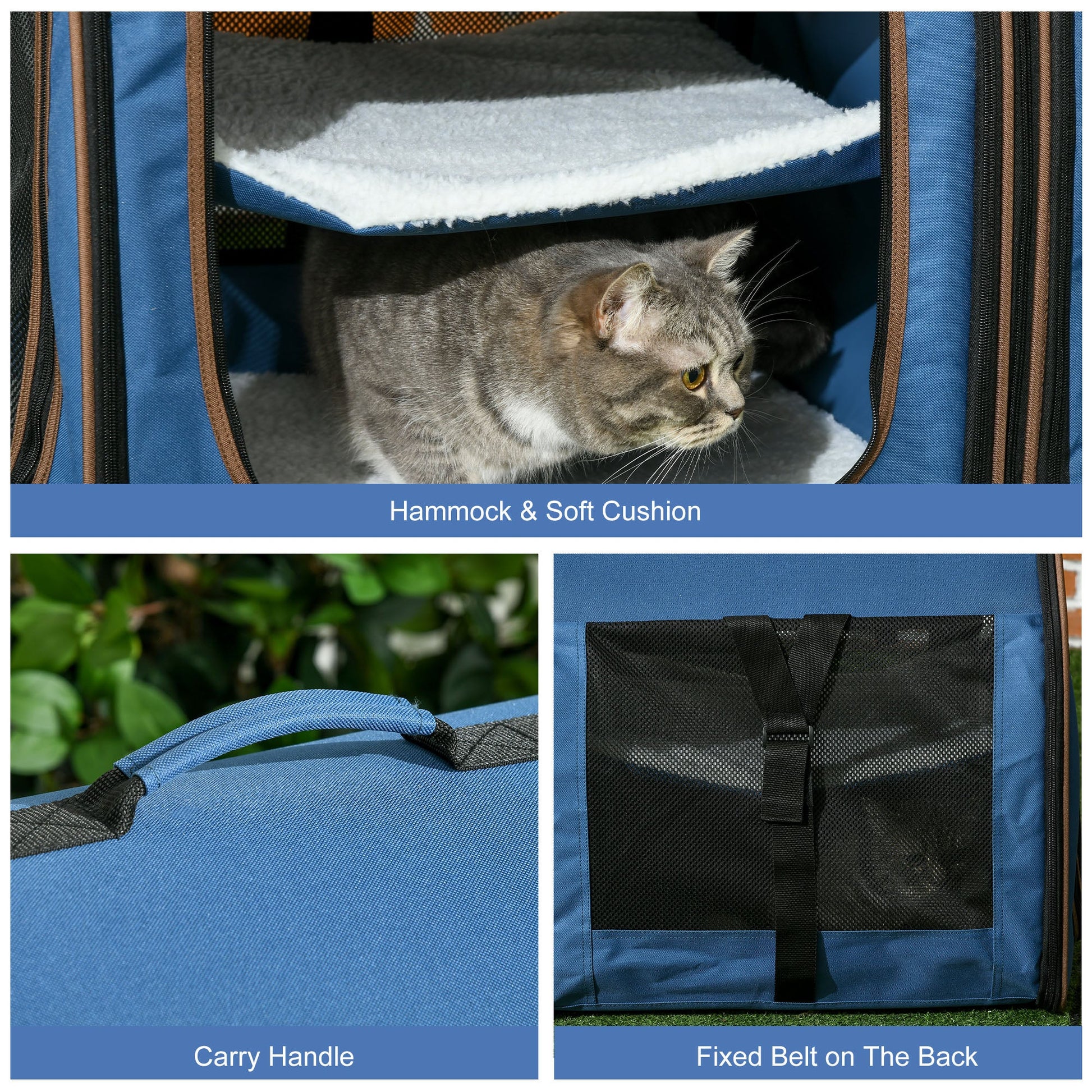 KFX-8330301 Portable Blue Soft-Sided Cat Carrier with Divider, Hammocks, Cushions & Easy Storage for Travel