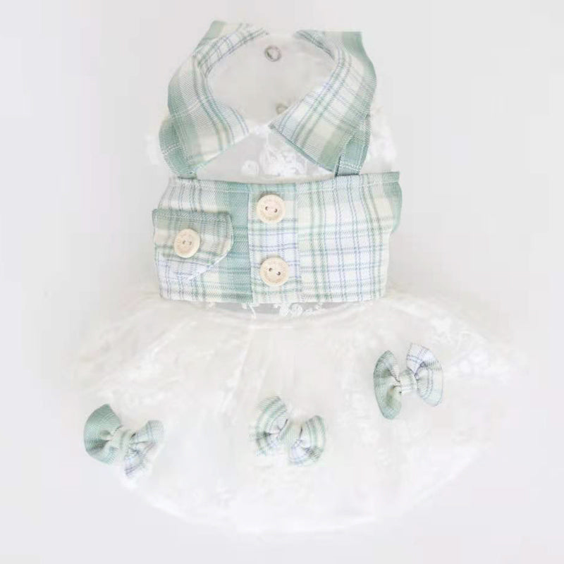 KFX-8489533 Mint Green Small Plaid Dress for Dogs - Faux Two-Piece Style, Size Options Available