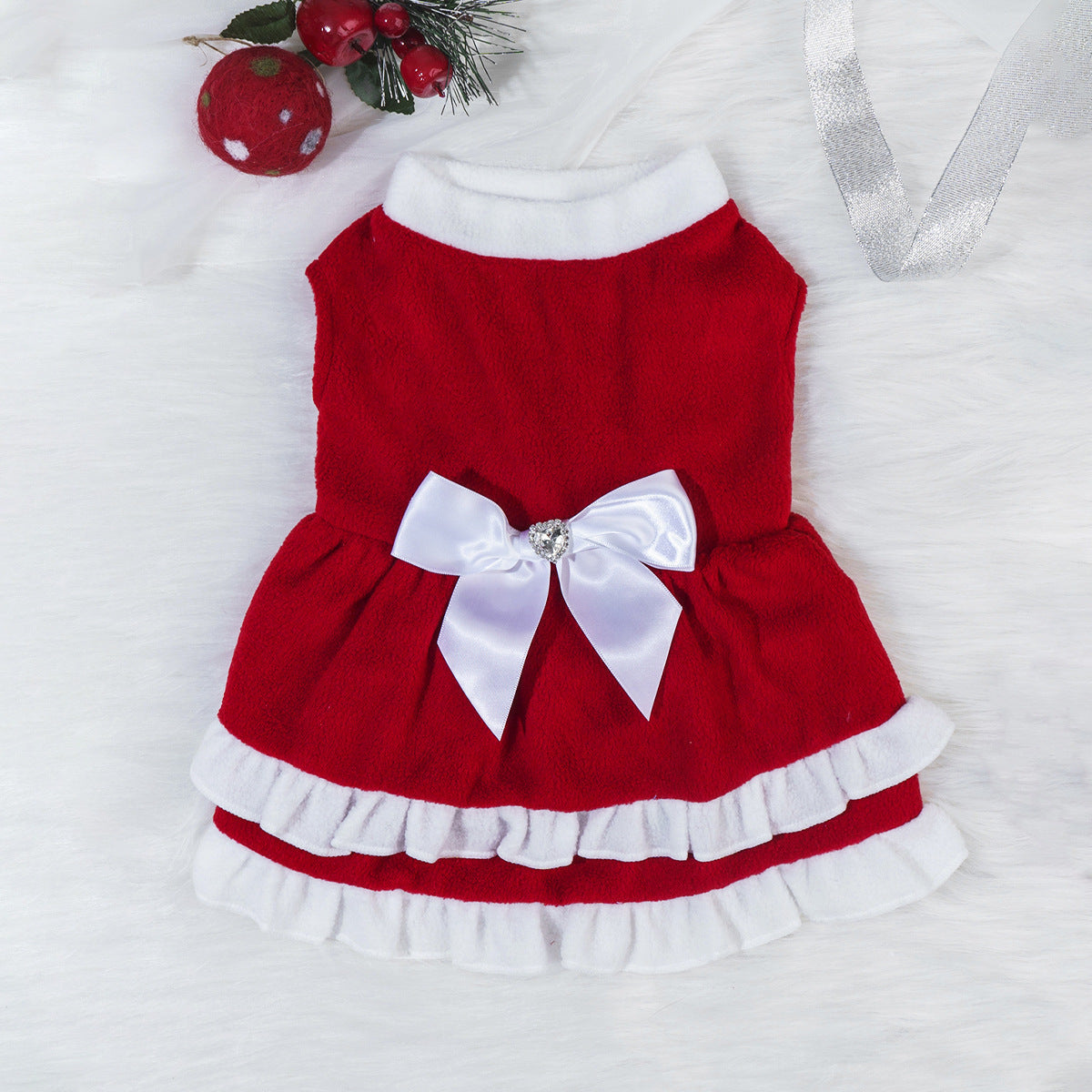 KFX-8751677 Red Fleece Pet Christmas Bow Dress for Small to Extra Large Sizes