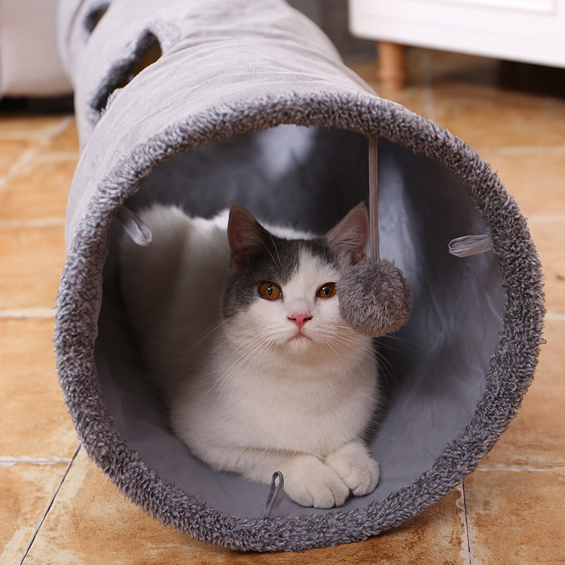 KFX-8808893 Collapsible Soft Suede Cat Tunnel for Kittens and Small Pets - Grey, Two Sizes Available