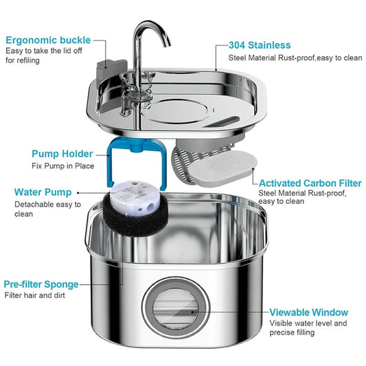 KFX-9012285 Stainless Steel Cat Water Fountain, 108oz Automatic Pet Drinking Dispenser with Quadruple Filtration System