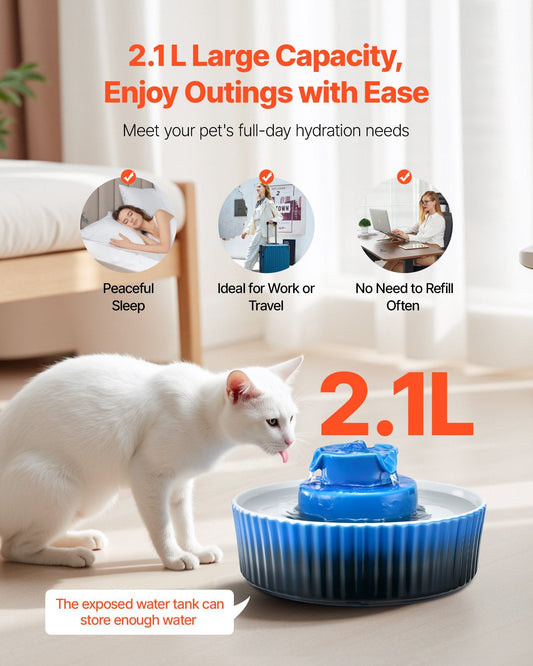 KFX-9176125 Ceramic Pet Water Fountain 2.1L for Cats and Dogs with 360° Drinking Area and Multi-Layer Filtration