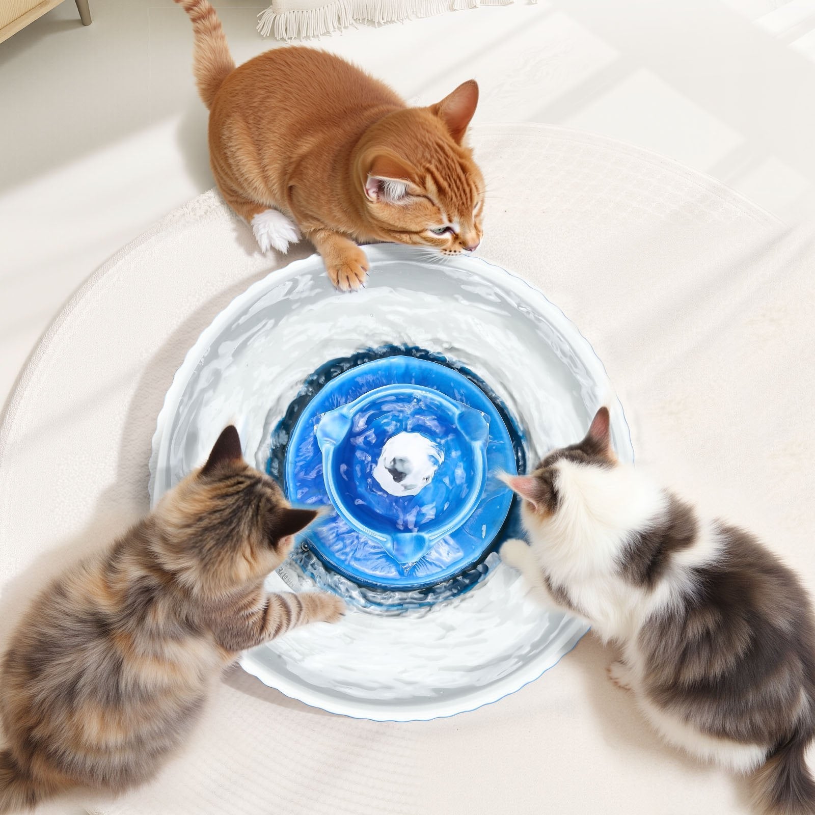 KFX-9176125 Ceramic Pet Water Fountain 2.1L for Cats and Dogs with 360° Drinking Area and Multi-Layer Filtration