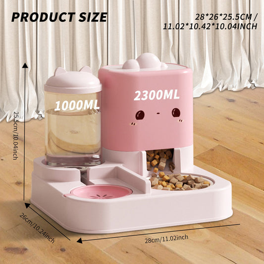 KFX-9208893 Cute Pink Cartoon Pet Feeder and Water Dispenser with Large Capacity for Pets