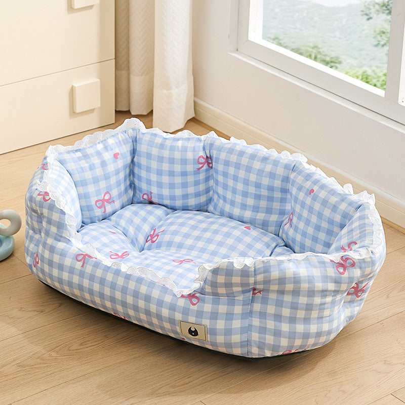 KFX-9406269 Semi-Enclosed Pet Bed for Small Dogs in Blue Plaid and Brown – All Seasons Available, Multiple Sizes