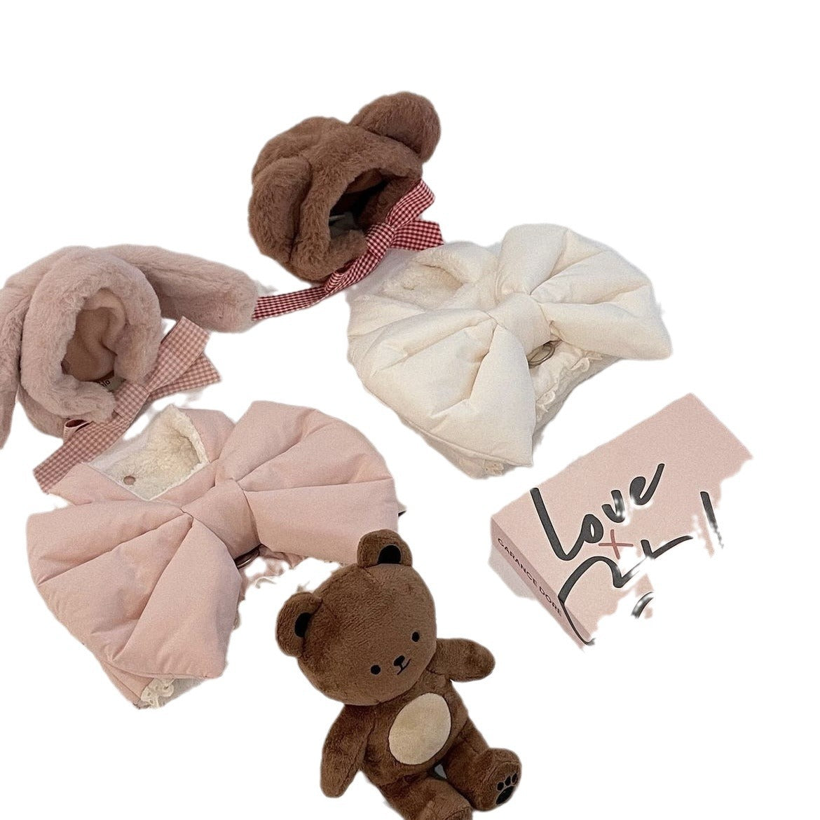 KFX-9920829 Plush Dog Harness with Bow - Autumn and Winter Apparel in Peach Pink and Creamy White
