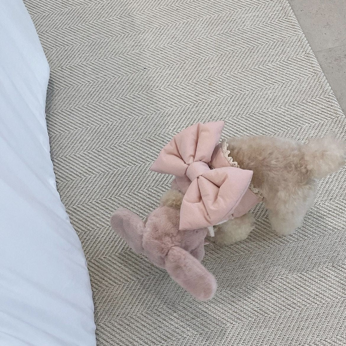 KFX-9920829 Plush Dog Harness with Bow - Autumn and Winter Apparel in Peach Pink and Creamy White