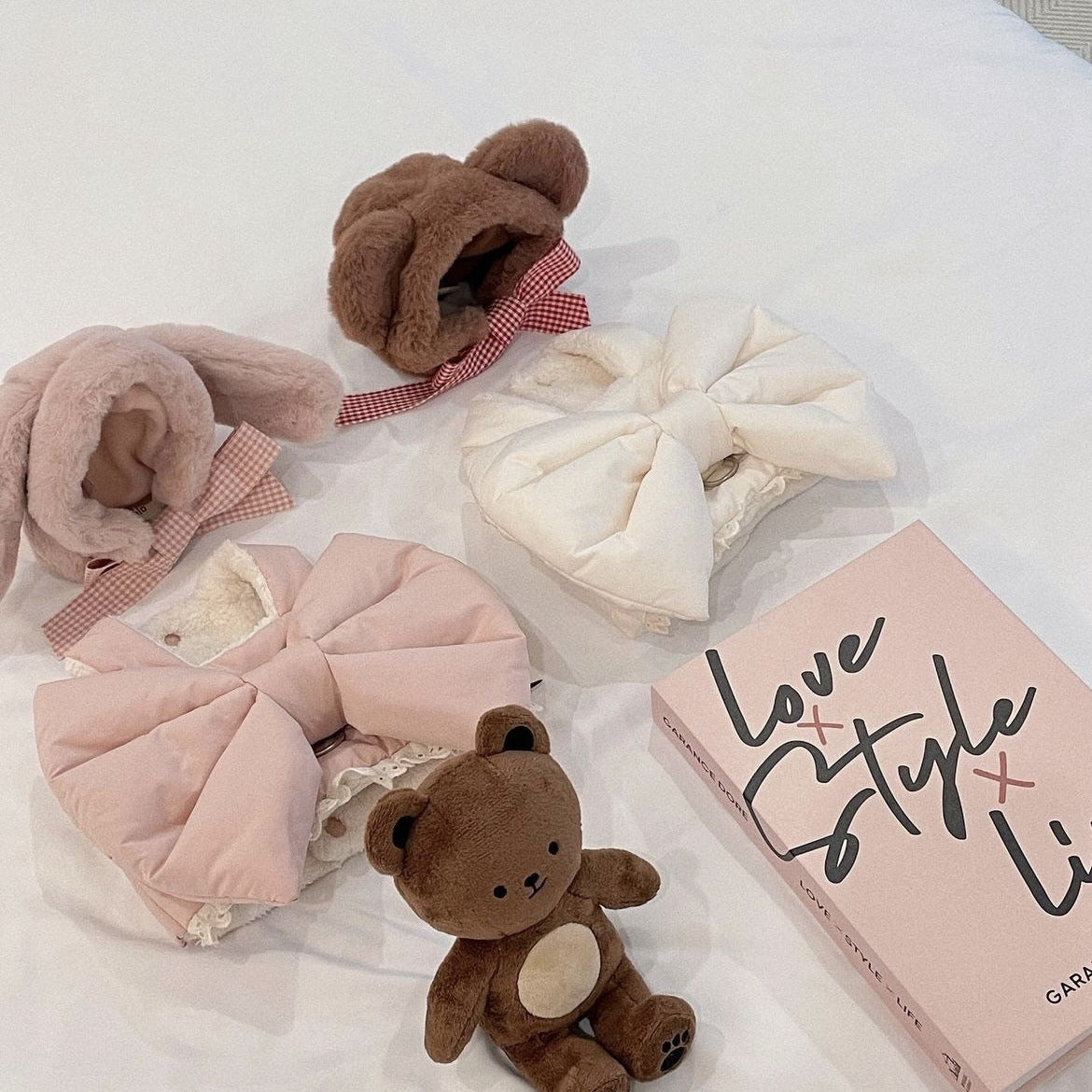 KFX-9920829 Plush Dog Harness with Bow - Autumn and Winter Apparel in Peach Pink and Creamy White